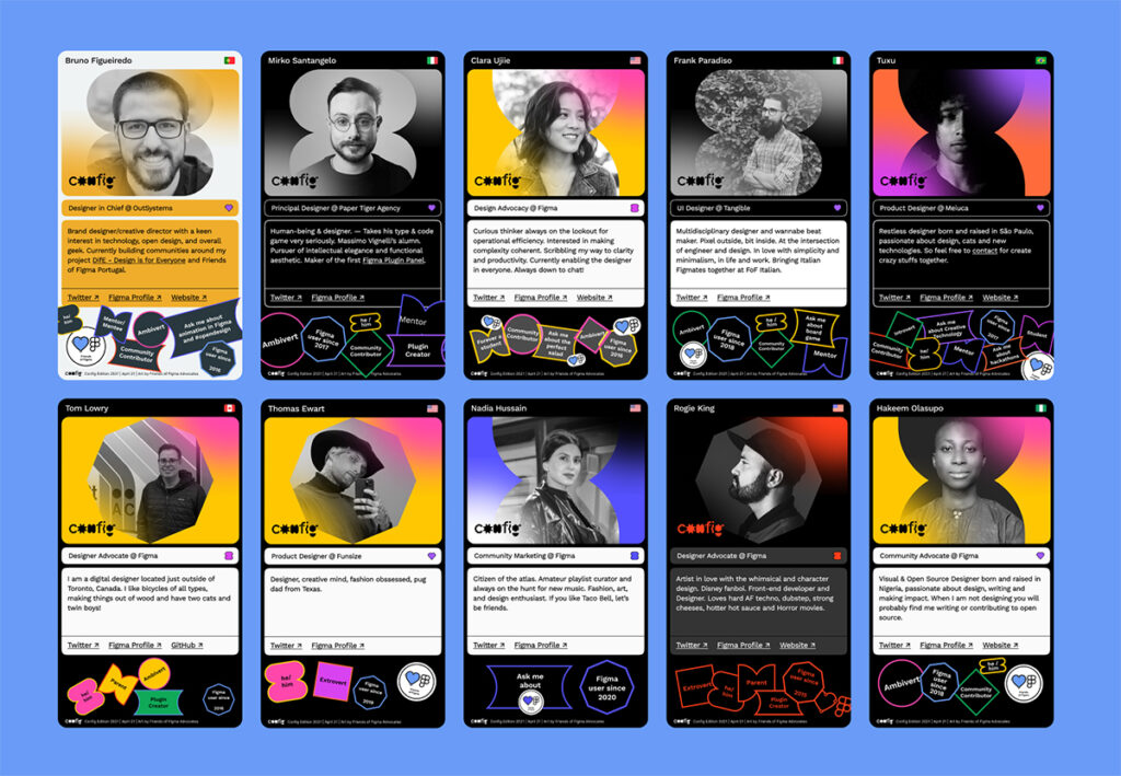 Some examples of Config 2021 digital cards from the Figma team and friends of Figma