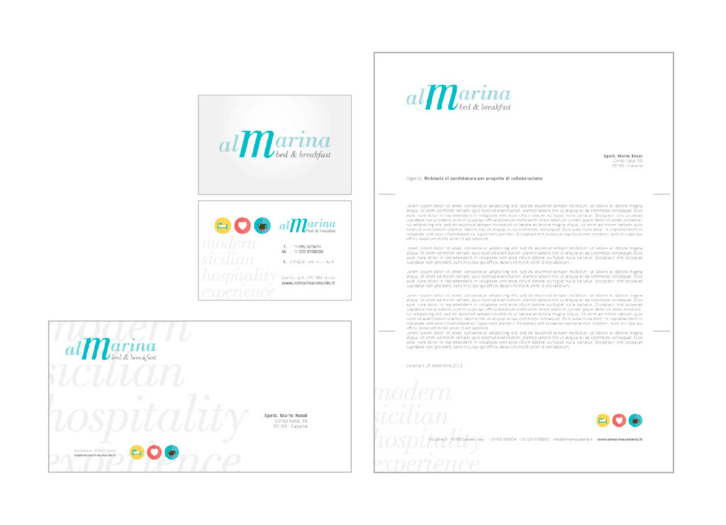Almarina various branding materials including business card, letter and envelope