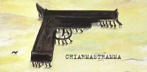 A detail of the Chiarmastramma book cover, an illustration of a gun carried by ants